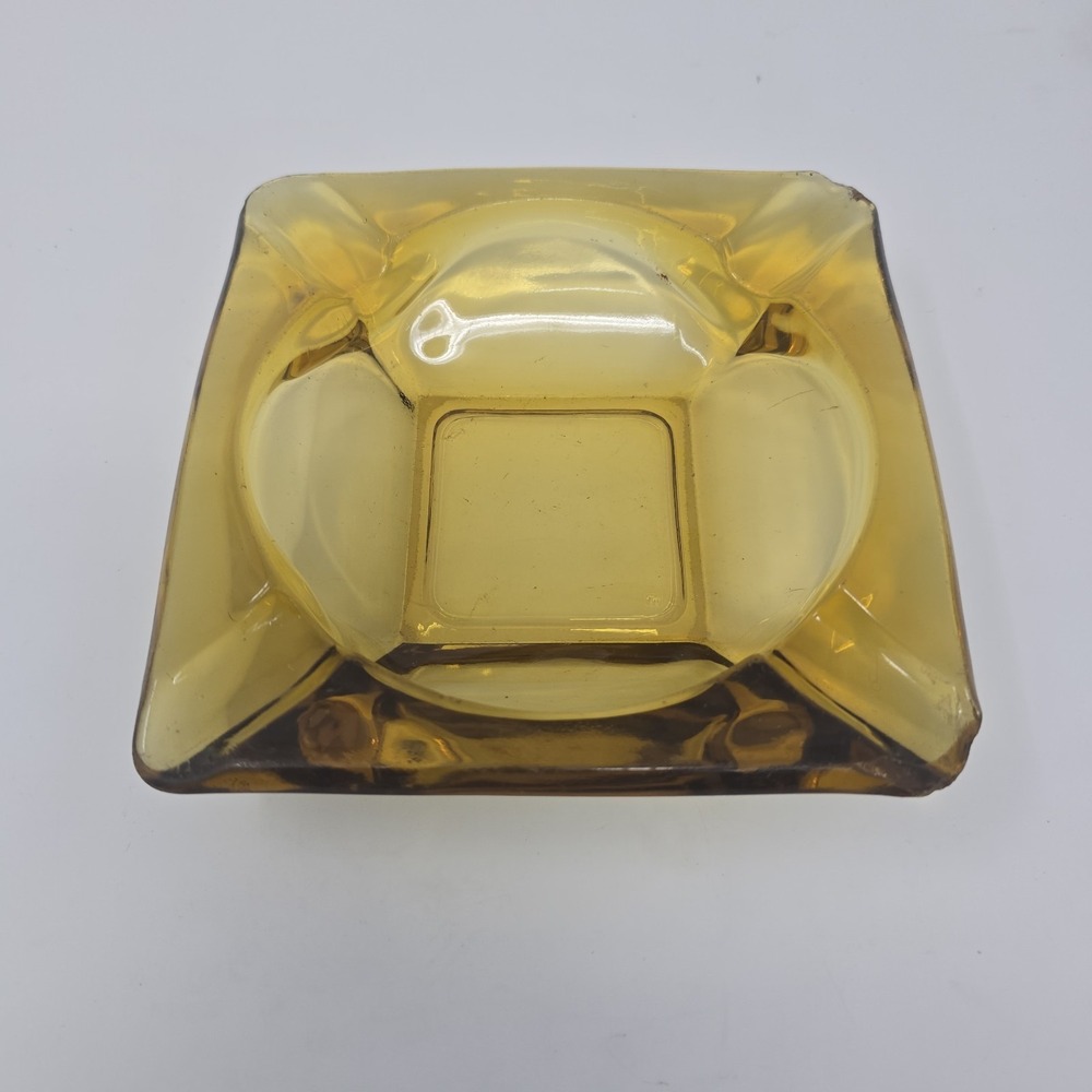 Vintage Mid‎ Century Art Glass Amber Yellow Ashtray Square Dish 5.75"W 1.25"T